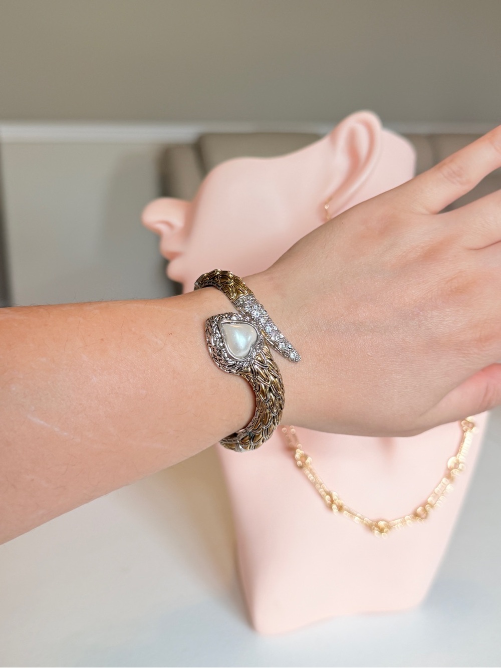 Vintage-Inspired Gold & Silver Serpent Bracelet with Pearl Accent